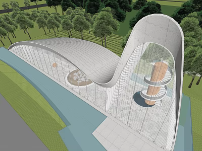 Modern Sales Office Building With Curved Glass Facade Spiral Staircase And Green Surroundings 3d model