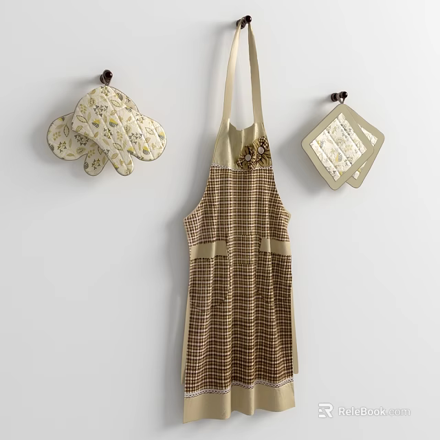 Kitchen Utensils Hanging on Wall Plaid Pattern Apron Floral Oven Mitt and Square Pot Holder 3d model 