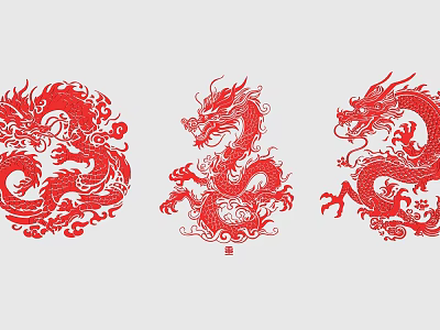 Chinese Traditional Red Dragon Paper Cut Art Ornate Wall Decor Design 3d model