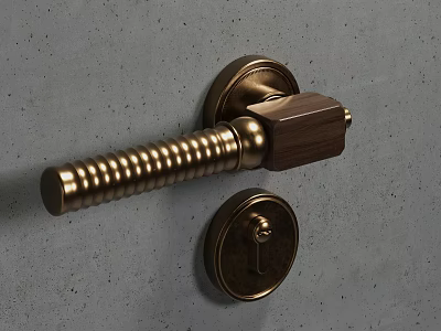 Brass Door Handle With Spiral Design Wooden Grip On Gray Door Modern Vintage Style 3d model