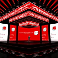 China News Information Stage Featuring Red Background Multiple Screens Person Standing On Stage Red Lights