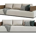 Beige Sectional Sofa With Brown Armrests Decorative Pillows And Throw Blanket 3d model