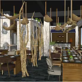 Natural Rustic Restaurant Interior With Wooden Decor Hanging Lamps And Dining Tables