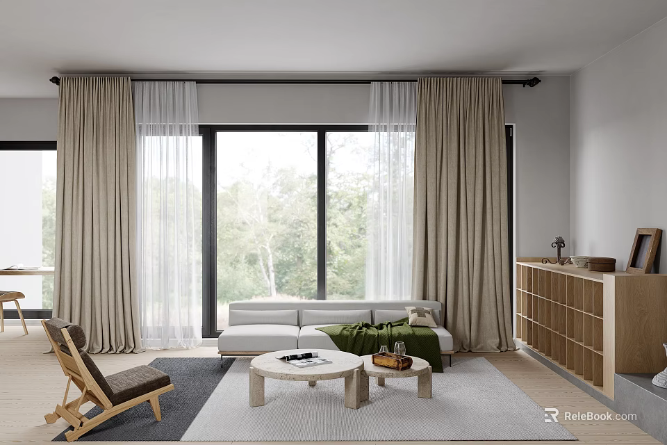 Modern Living Dining Room Interior With Open Concept Sofa Dining Table And Large Windows 3d model 