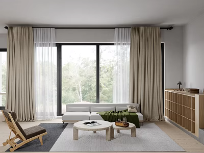 Modern Living Dining Room Interior With Open Concept Sofa Dining Table And Large Windows 3d model