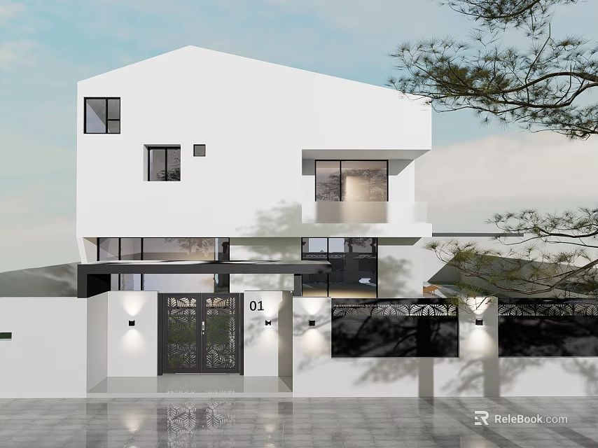 Modern White Detached Villa With Entrance Porch Number 01 And Surrounding Trees 3d model 