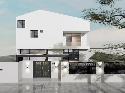 Modern White Detached Villa With Entrance Porch Number 01 And Surrounding Trees 3d model