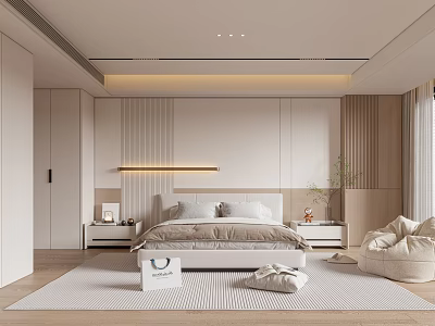 Modern Bedroom Interior Design With Comfortable Bed Soft Rug And Wooden Accents 3d model