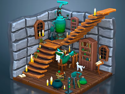 Cartoon Fantasy Scene With Stone Walls Wooden Stairs Green Contraption Candles Bookshelf And White Cat 3d model