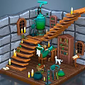 Cartoon Fantasy Scene With Stone Walls Wooden Stairs Green Contraption Candles Bookshelf And White Cat