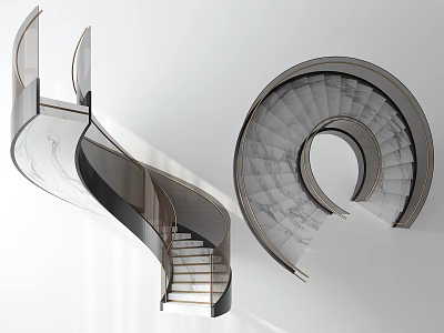 Elegant Modern Spiral Staircase Design With Marble Steps And Glass Railings 3d model