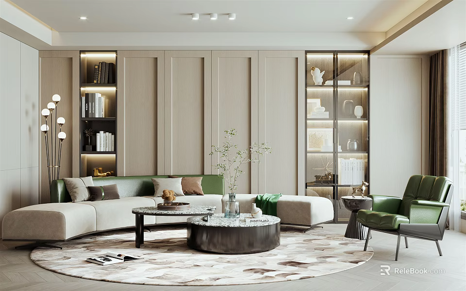 Modern Elegant Living Room Interior Design With Sofa Coffee Table Illuminated Bookshelves And Green Chair 3d model 