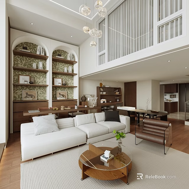 Modern Apartment Interior Design With Living Area White Sofa Arched Bookshelves Chandelier And Wooden Floors 3d model 