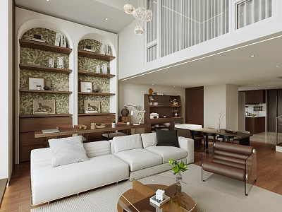 Modern Apartment Interior Design With Living Area White Sofa Arched Bookshelves Chandelier And Wooden Floors 3d model