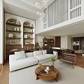Modern Apartment Interior Design With Living Area White Sofa Arched Bookshelves Chandelier And Wooden Floors