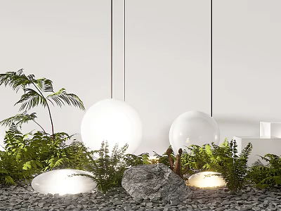 Outdoor Pendant and Ground Lights with Modern Design Surrounded by Green Plants Stones and Gravel 3d model