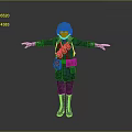 Man In Green Helmet And Blue Coat With Arms Outstretched Standing On Gray Background