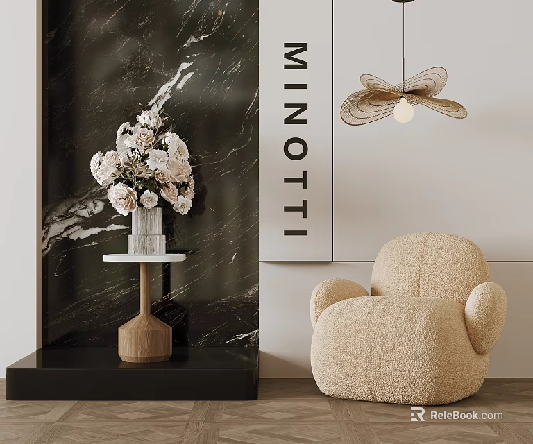 Plush Beige Leisure Chair In Modern Interior With Marble Wall And Flower Arrangement 3d model 