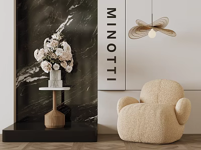 Plush Beige Leisure Chair In Modern Interior With Marble Wall And Flower Arrangement 3d model