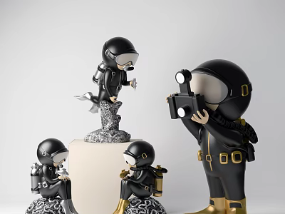 Black Diver Figurine Decorative Ornament Set With Golden Accents And Varied Poses 3d model