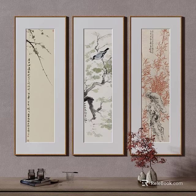 Abstract Paintings With Plum Blossoms Birds Branches And Calligraphy On Wall 3d model 