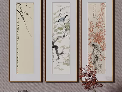 Abstract Paintings With Plum Blossoms Birds Branches And Calligraphy On Wall 3d model