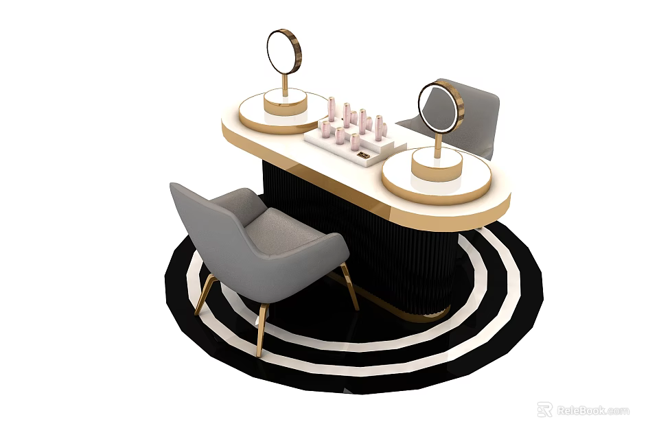 Elegant Dressing Table Display Shelves With Round Mirrors Cosmetics And Gray Chair 3d model 