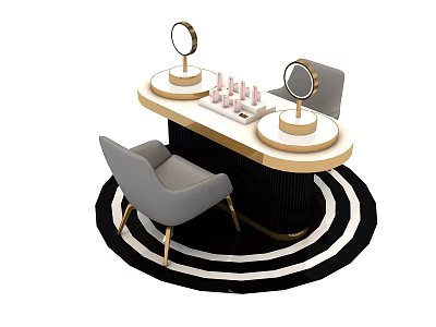 Elegant Dressing Table Display Shelves With Round Mirrors Cosmetics And Gray Chair 3d model