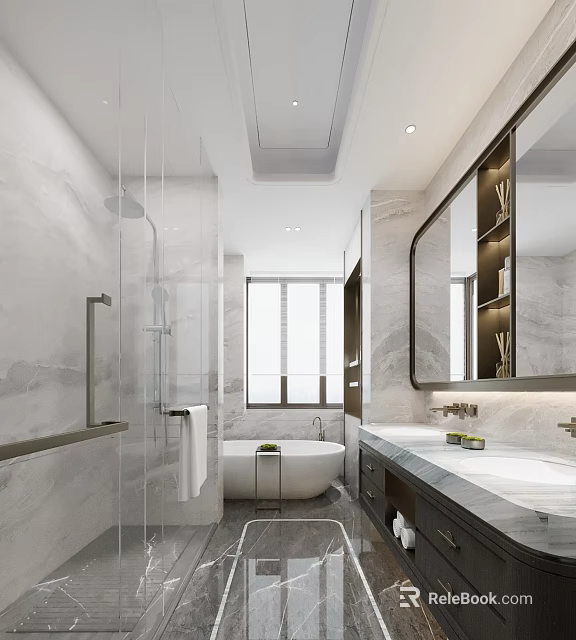 Modern Bathroom Interior Design With Glass Shower Freestanding Bathtub Double Vanity And Marble Walls 3d model 