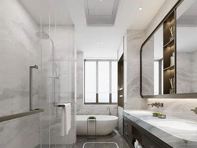 Modern Bathroom Interior Design With Glass Shower Freestanding Bathtub Double Vanity And Marble Walls 3d model