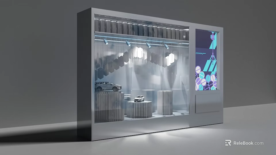 Modern Retail Window Display With Illuminated Lighting Car Model And Digital Screen 3d model