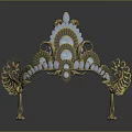 Ornate Gold Tiara with Blue Gemstones White Pearls and Shell Shaped Details on Elegant Stand