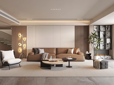 Modern Living Room Interior With Brown Sofa White Armchair Round Floor Lamp And Striped Rug 3d model