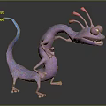 Purple Fantasy Creature Standing With Long Body Pink Antennae Blue Tail Open Mouth And Legs
