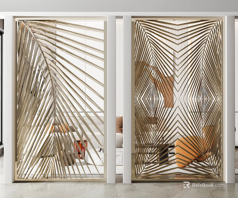 Modern Room Divider With Woven Palm Leaf Pattern And White Frame In Contemporary Living Space 3d model 