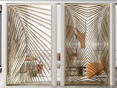 Modern Room Divider With Woven Palm Leaf Pattern And White Frame In Contemporary Living Space 3d model