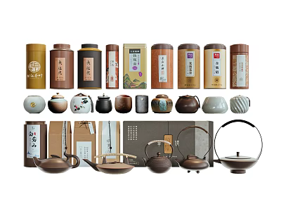 Traditional Tea Sets With Ceramic Teapots Storage Tins And Teacups Collection 3d model