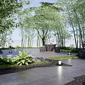 Rockery Stones In Serene Garden With Bamboo Trees Pathway Green Plants And Lanterns