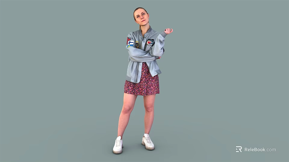 Woman Wearing Denim Jacket Red Floral Skirt White Sneakers Arms Crossed Hand Extended Gray Background 3d model 