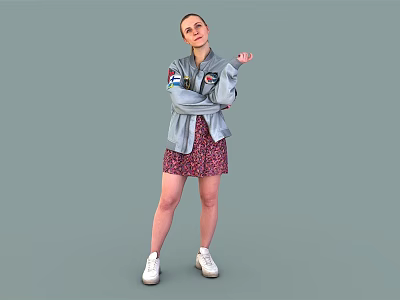 Woman Wearing Denim Jacket Red Floral Skirt White Sneakers Arms Crossed Hand Extended Gray Background 3d model