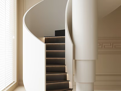 Modern Spiral Staircase With White Structure And Illuminated Dark Steps In Contemporary Interior 3d model