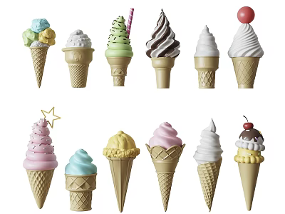 Colorful Ice Cream Cones With Various Flavors Different Colors And Decorative Toppings 3d model