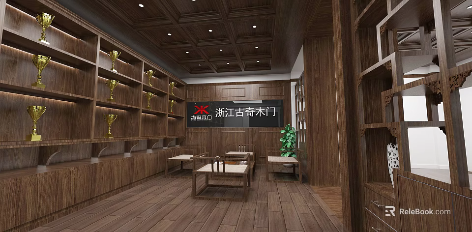 Wooden Door Showroom With Wooden Shelves And Displayed Door Products 3d model 