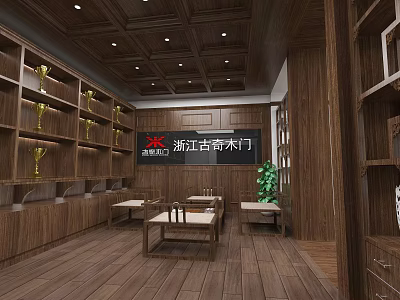 Wooden Door Showroom With Wooden Shelves And Displayed Door Products 3d model