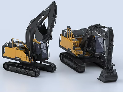 Volvo Black And Yellow Tracked Excavators With Front Bucket For Construction Work 3d model
