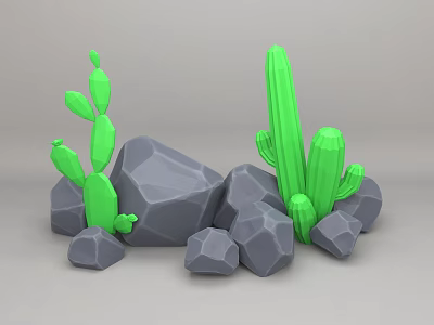 Gray Stone And Green Cactus Decorative 3D Model Arrangement Design 3d model