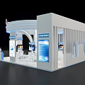 JiangSu Exhibition Booth With Curved White Blue Design Display Screens And Reception Desk