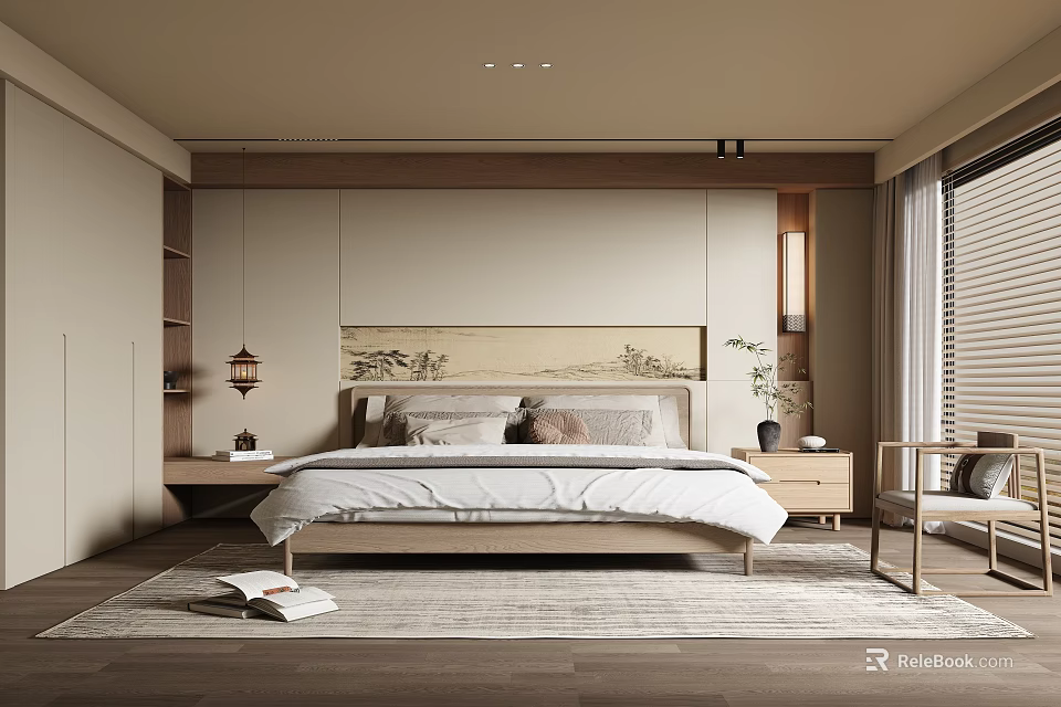 Modern Bedroom Interior With Wooden Headboard Rug Nightstand And Pendant Light 3d model 