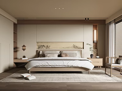 Modern Bedroom Interior With Wooden Headboard Rug Nightstand And Pendant Light 3d model