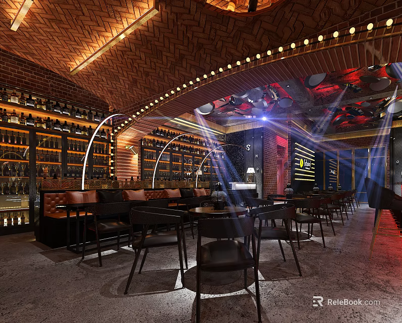 Stylish Bar Interior With Wine Shelves Modern Lighting And Comfortable Seating 3d model